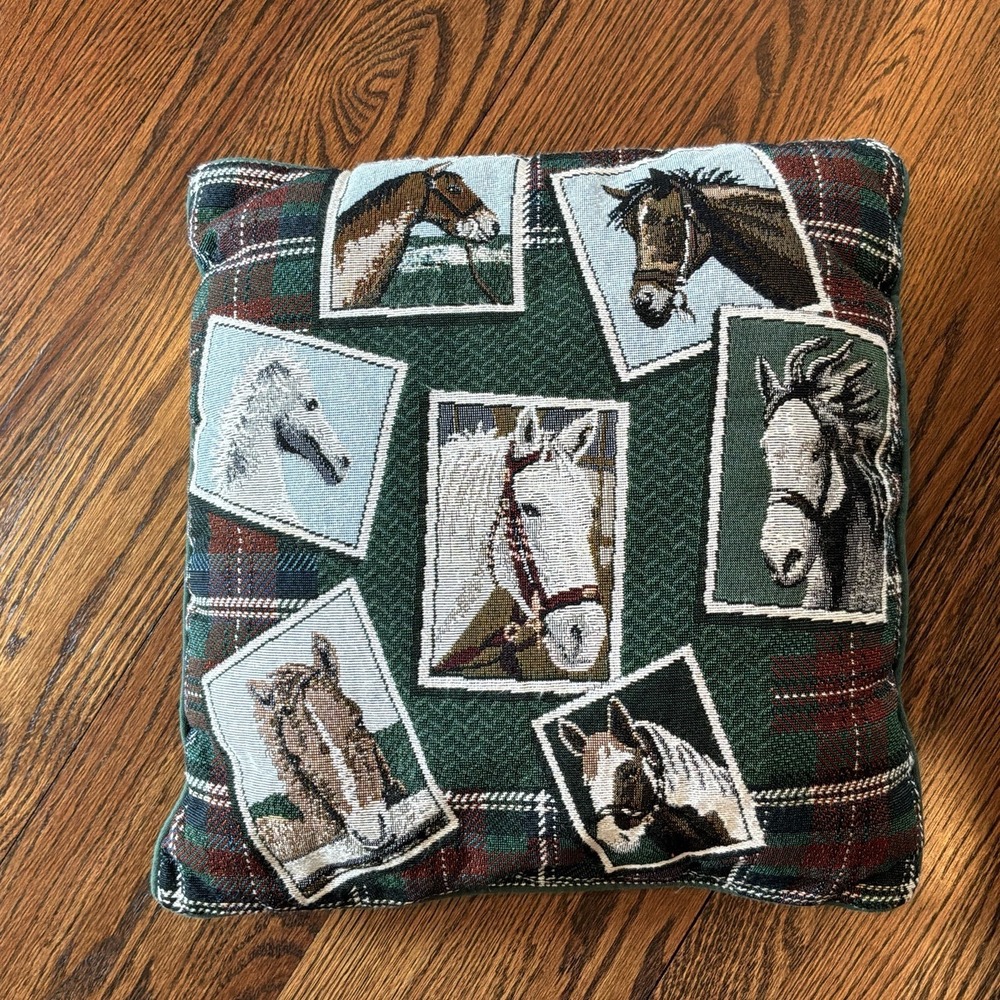 VTG Horses Tapestry Throw Pillow Collage Green Tartan Plaid Equestrian 16" EUC